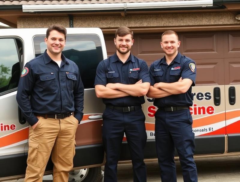 Hamlet Garage Doors professional service team standing next to company van in front of a residential garage door