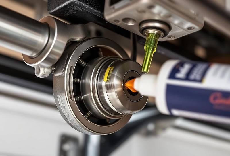 Close-up of garage door bearing lubrication process showing metal bearings being lubricated with professional-grade lubricant