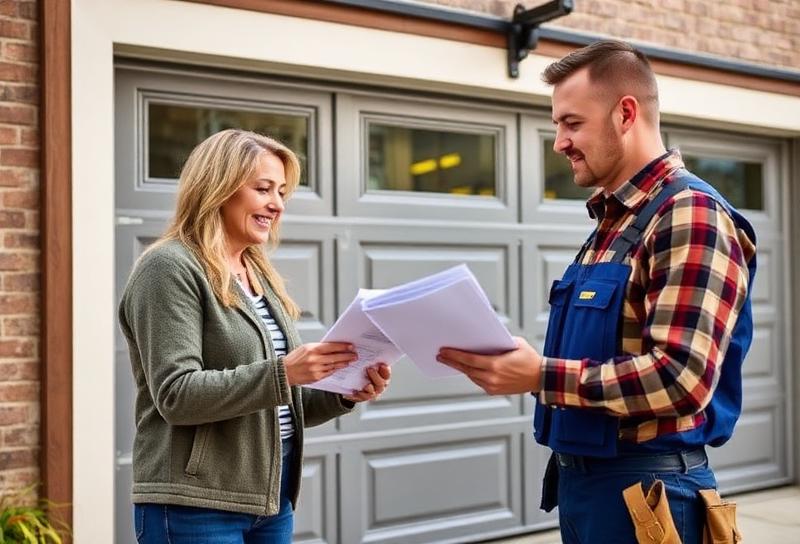 Homeowner reviewing financing documents with garage door contractor in front of residential garage - consultation scene