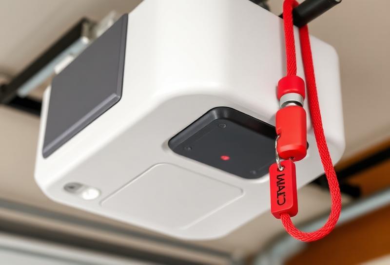 Garage door manual release mechanism showing red emergency release cord on garage door opener for safety