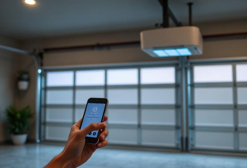 Smartphone controlling modern garage door opener with WiFi connection - smart home technology integration