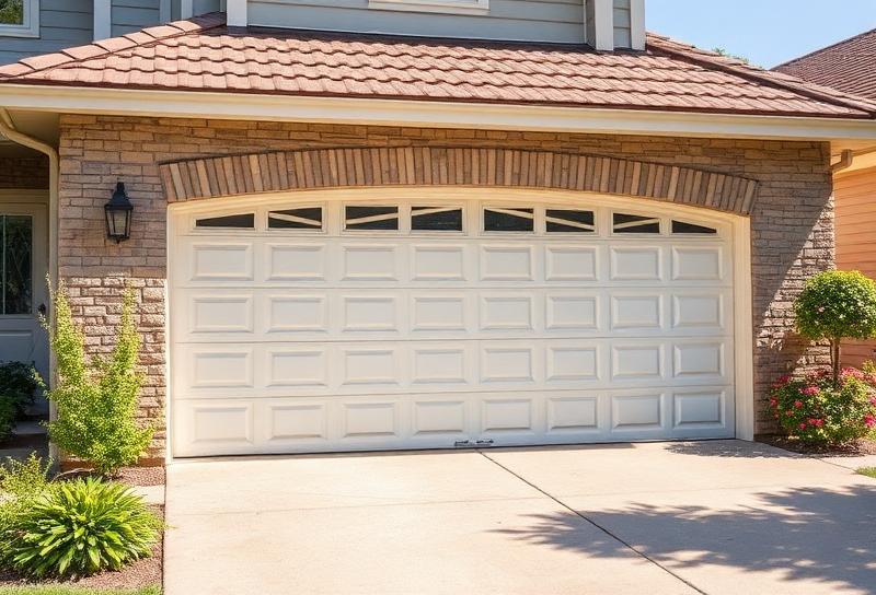 Beautiful residential garage door in bright summer sunlight showcasing a well-maintained home exterior with curb appeal