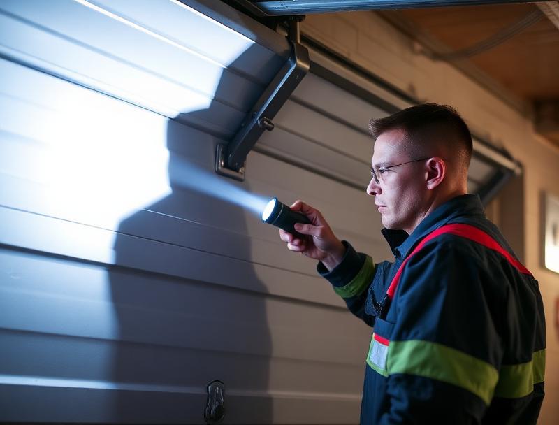Emergency garage door repair technician with flashlight inspecting broken door at night