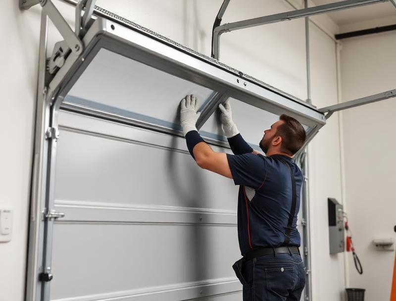 Professional technician installing a modern insulated garage door panel with precision workmanship in Hamlet NC