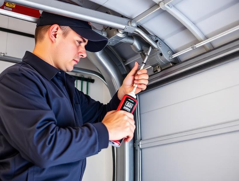 Garage door maintenance service - technician lubricating springs and hinges for smooth operation