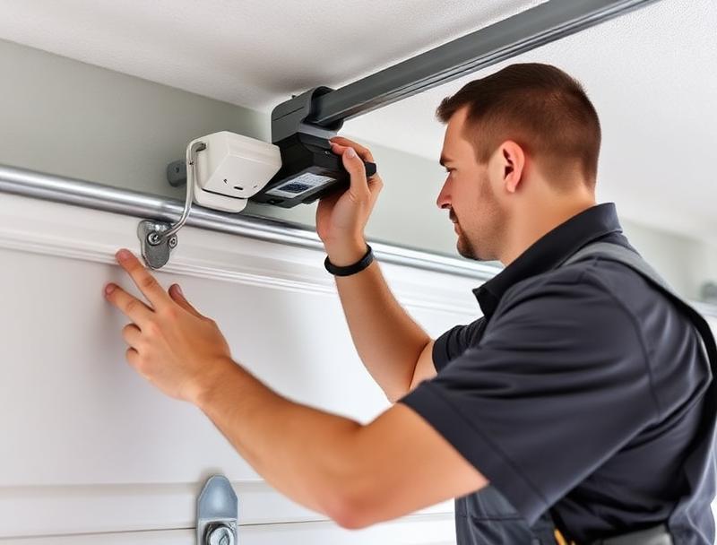 Expert garage door repair technician diagnosing and fixing sensor alignment on residential garage door